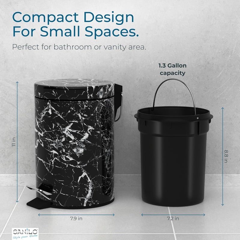 Sanilo Small Bathroom Trash Can with Lid [1.3 Gallon] - Lidded Tiny Trashcan for Garbage - Mini Metal Bin with Soft Closing Mechanism - Bath Room Accessoire Wastebin with Inner Bucket (Marble Black) - Image 5